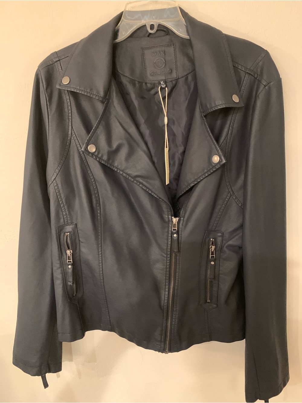 Max Studio Blue Black Faux Leather Moto Zip Jacket XL NWT retail $98